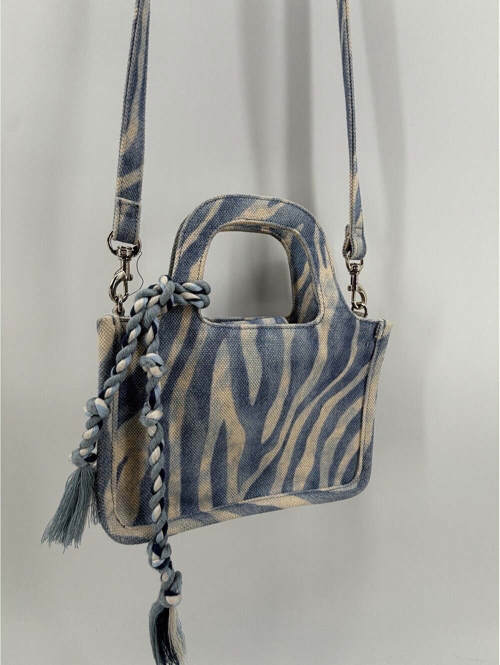 Vince Camuto Blue Cream Zebra Canvas Mini Crossbody Bag Top Handle Tassel